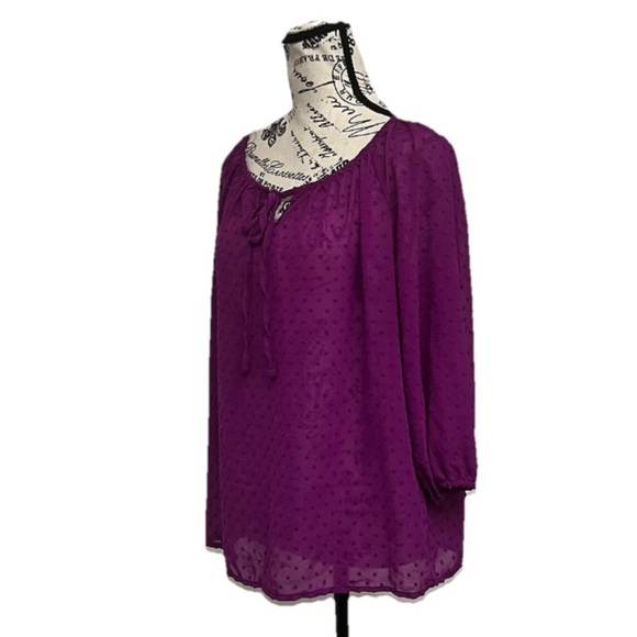 New York & Company Sheer Purple Peasant Blouse with Tie Neck Size M - Picture 3 of 11
